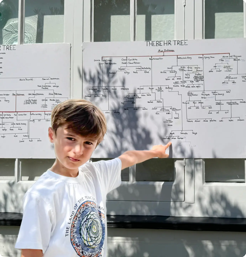 A boy pointing to the Behr family tree